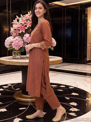 Women Ethnic Motifs Embroidered Regular Liva Kurta with Trousers & With Dupatta 3