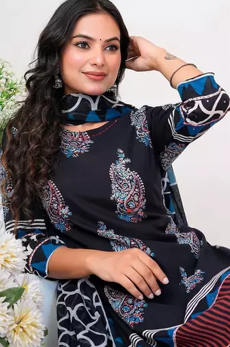 Women Paisley Printed Regular Sequinned Pure Cotton Kurta with Trousers & With Dupatta