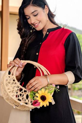 Women Colourblocked Regular Thread Work Pure Cotton Kurta with Trousers