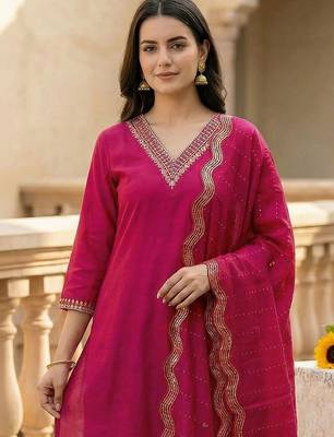Women Ethnic Motifs Embroidered Regular Thread Work Kurta with Trousers & With Dupatta 2