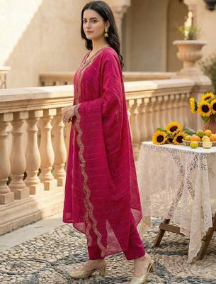 Women Ethnic Motifs Embroidered Regular Thread Work Kurta with Trousers & With Dupatta 3
