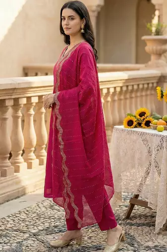 Women Ethnic Motifs Embroidered Regular Thread Work Kurta with Trousers & With Dupatta