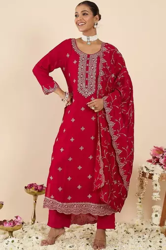Women Ethnic Motifs Embroidered Regular Thread Work Kurta with Trousers & With Dupatta