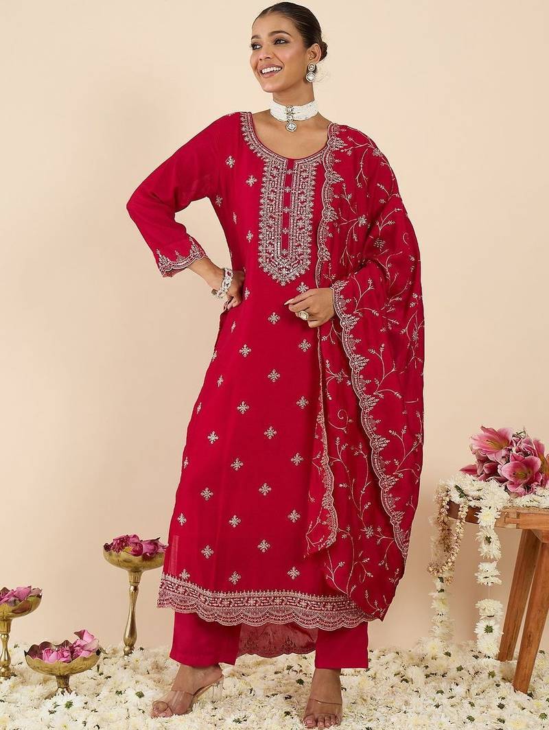 Women Ethnic Motifs Embroidered Regular Thread Work Kurta with Trousers & With Dupatta