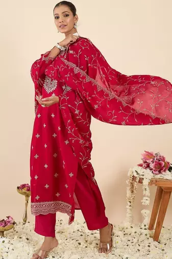 Women Ethnic Motifs Embroidered Regular Thread Work Kurta with Trousers & With Dupatta