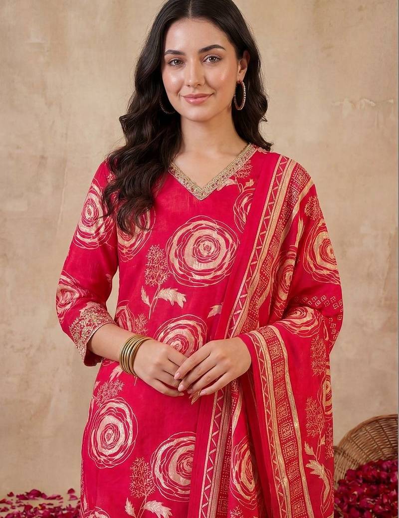 Women Floral Printed Regular Chanderi Silk Kurta with Trousers & With Dupatta