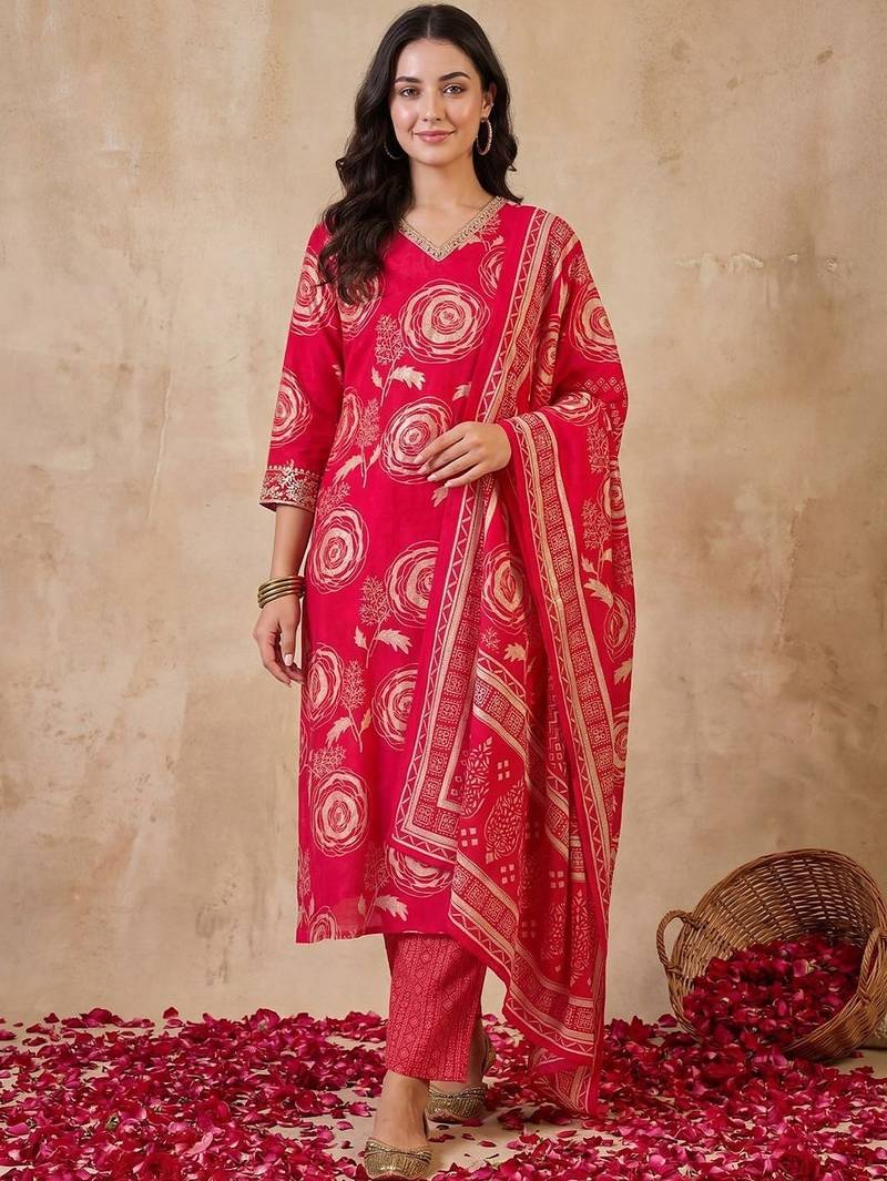 Women Floral Printed Regular Chanderi Silk Kurta with Trousers & With Dupatta