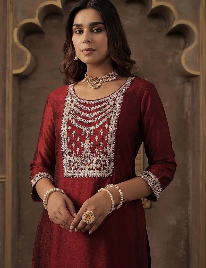 Women Ethnic Motifs Embroidered Regular Thread Work Liva Kurta with Palazzos