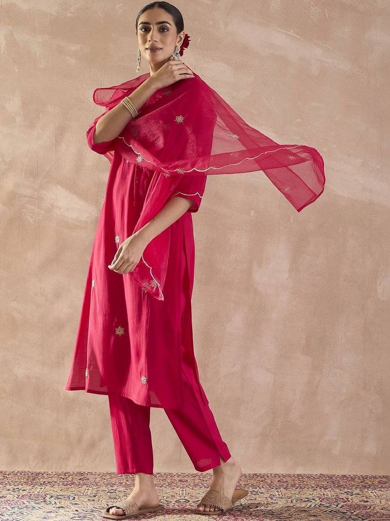 Women Ethnic Motifs Embroidered Regular Thread Work Kurta with Trousers & With Dupatta