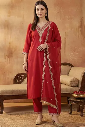 Women Ethnic Motifs Embroidered Regular Thread Work Liva Kurta with Trousers & With Dupatta