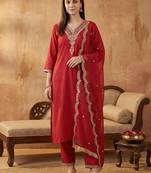 Women Ethnic Motifs Embroidered Regular Thread Work Liva Kurta with Trousers & With Dupatta