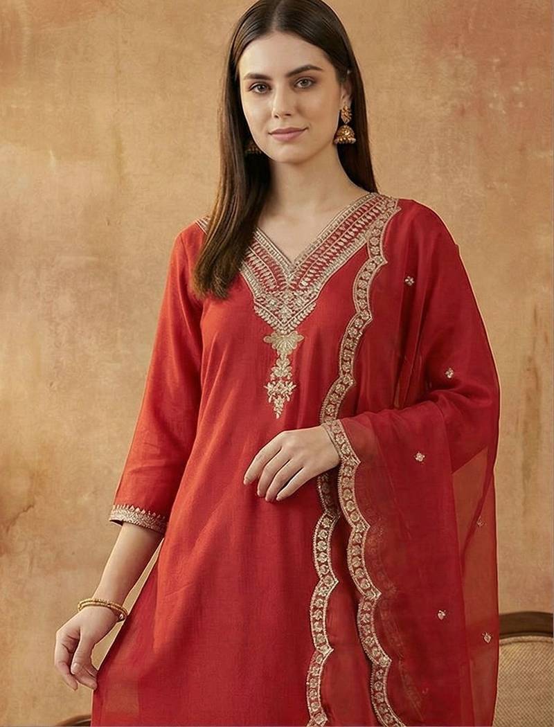 Women Ethnic Motifs Embroidered Regular Thread Work Liva Kurta with Trousers & With Dupatta