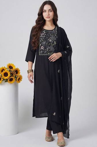 Women Floral Embroidered Regular Thread Work Kurta with Trousers & With Dupatta