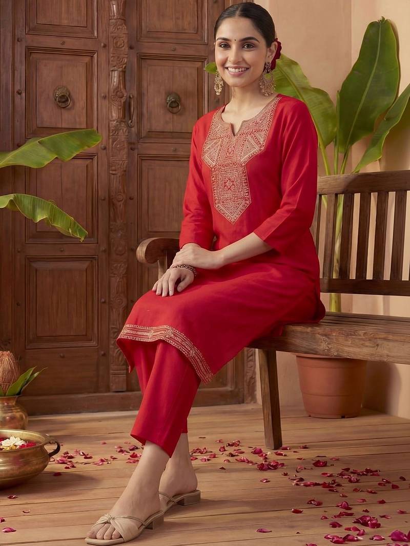Women Ethnic Motifs Embroidered Regular Thread Work Kurta with Trousers