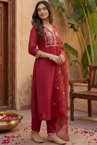Women Ethnic Motifs Embroidered Regular Thread Work Kurta with Trousers & With Dupatta