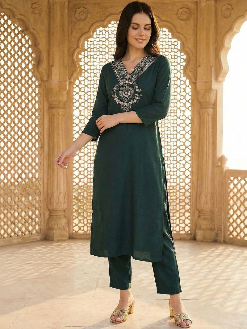 Women Ethnic Motifs Embroidered Regular Thread Work Kurta with Trousers