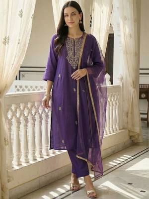Women Ethnic Motifs Embroidered Regular Thread Work Kurta with Trousers & With Dupatta 1