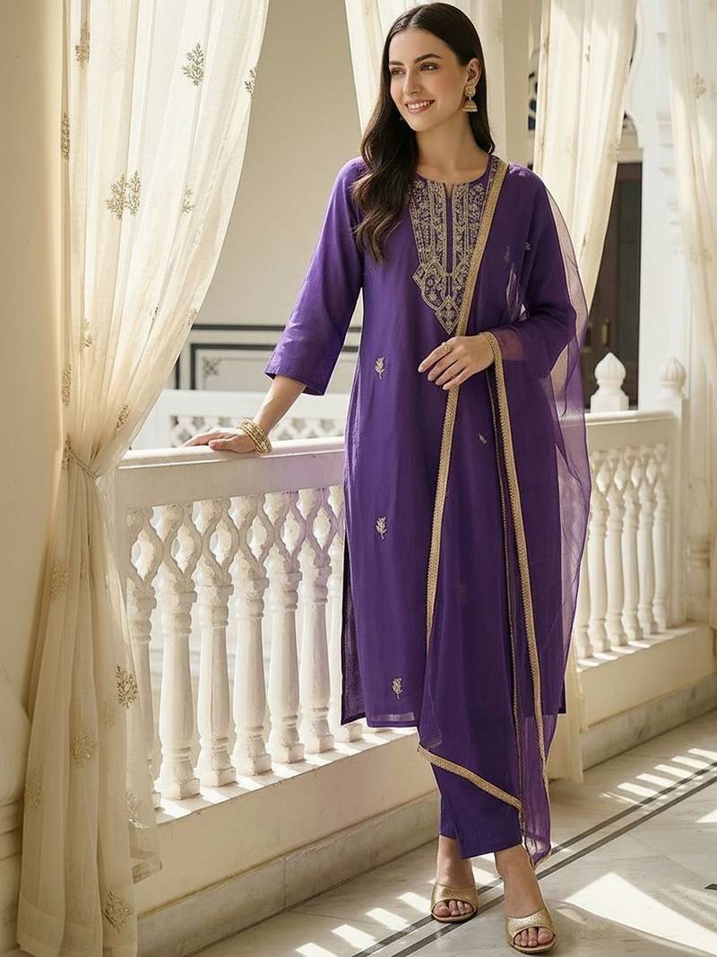 Women Ethnic Motifs Embroidered Regular Thread Work Kurta with Trousers & With Dupatta