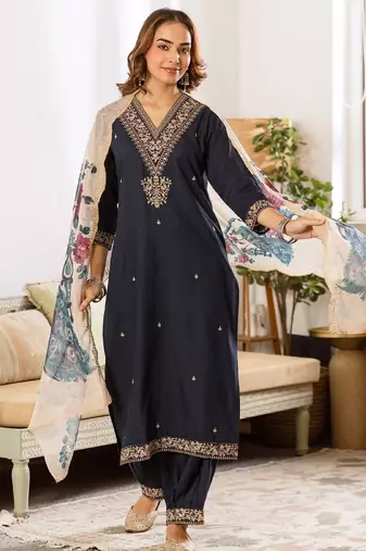 Women Ethnic Motifs Embroidered Regular Thread Work Kurta With Salwar & Dupatta
