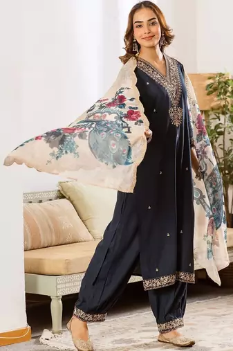 Women Ethnic Motifs Embroidered Regular Thread Work Kurta With Salwar & Dupatta