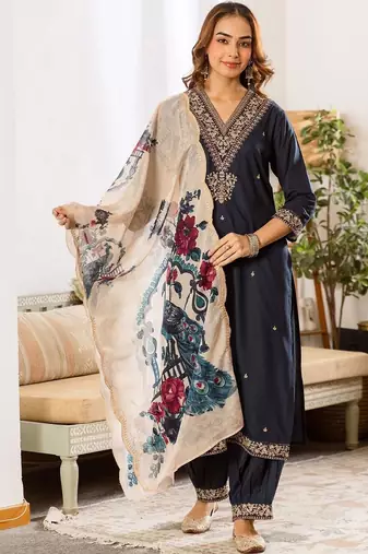 Women Ethnic Motifs Embroidered Regular Thread Work Kurta With Salwar & Dupatta