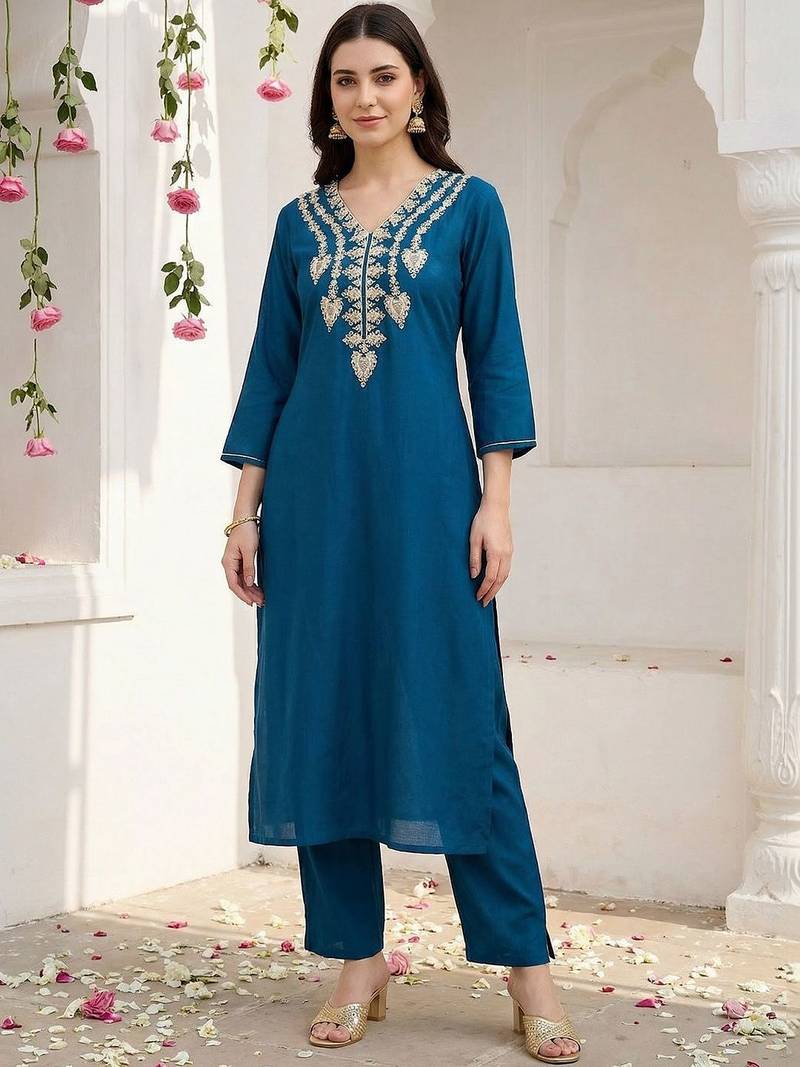 Women Ethnic Motifs Embroidered Regular Thread Work Kurta with Trousers