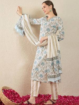 Women Ethnic Motifs Printed Regular Pure Cotton Kurta with Trousers & With Dupatta 1