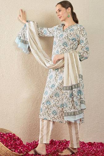 Women Ethnic Motifs Printed Regular  Cotton Kurta with Trousers & With Dupatta