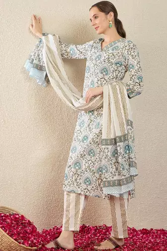 Women Ethnic Motifs Printed Regular Pure Cotton Kurta with Trousers & With Dupatta