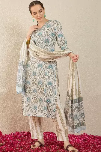 Women Ethnic Motifs Printed Regular Pure Cotton Kurta with Trousers & With Dupatta