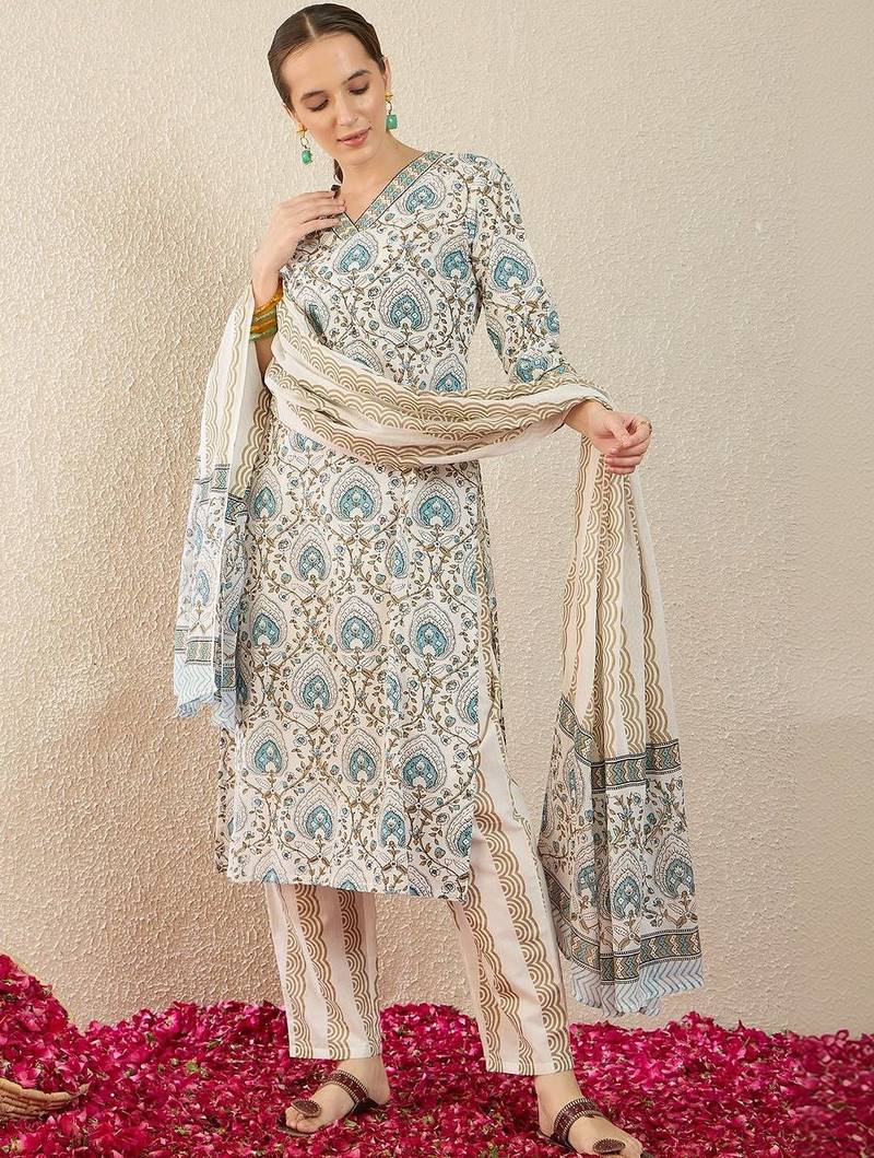 Women Ethnic Motifs Printed Regular Pure Cotton Kurta with Trousers & With Dupatta