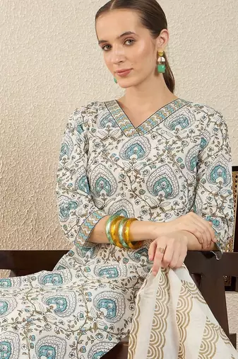 Women Ethnic Motifs Printed Regular Pure Cotton Kurta with Trousers & With Dupatta