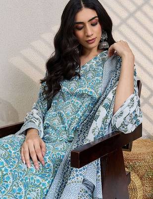 Women Printed Regular Thread Work Pure Cotton Kurta with Trousers & Dupatta 5