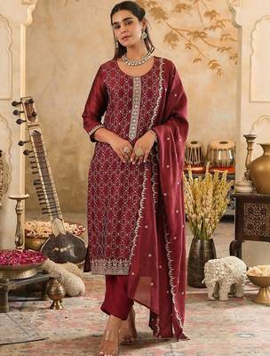 Women Ethnic Motifs Embroidered Regular Thread Work Kurta with Trousers & With Dupatta 1