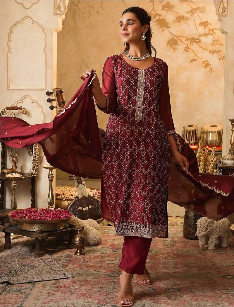 Women Ethnic Motifs Embroidered Regular Thread Work Kurta with Trousers & With Dupatta