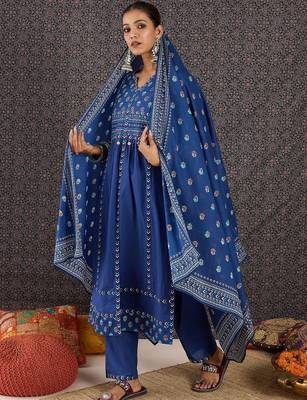 Women Ethnic Motifs Printed Regular Sequinned Pure Cotton Kurta with Trousers & With Dupatta 1
