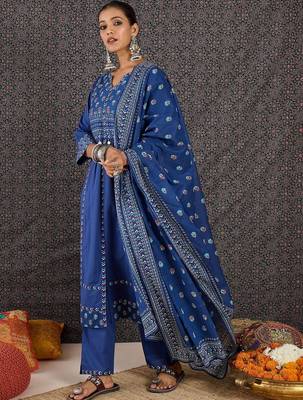 Women Ethnic Motifs Printed Regular Sequinned Pure Cotton Kurta with Trousers & With Dupatta 3