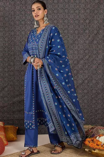 Women Ethnic Motifs Printed Regular Sequinned Pure Cotton Kurta with Trousers & With Dupatta
