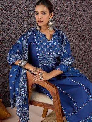 Women Ethnic Motifs Printed Regular Sequinned Pure Cotton Kurta with Trousers & With Dupatta 4