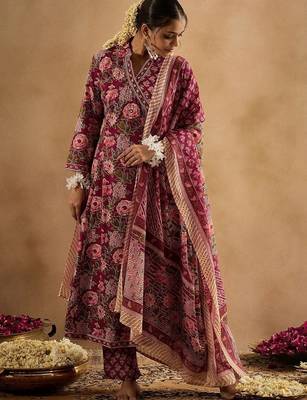 Women Floral Printed Angrakha Thread Work Pure Cotton Kurta with Trousers & With Dupatta 1
