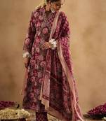 Women Floral Printed Angrakha Thread Work Pure Cotton Kurta with Trousers & With Dupatta
