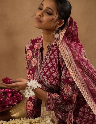 Women Floral Printed Angrakha Thread Work Pure Cotton Kurta with Trousers & With Dupatta 2