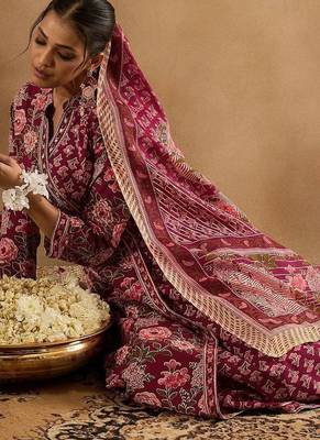 Women Floral Printed Angrakha Thread Work Pure Cotton Kurta with Trousers & With Dupatta 3