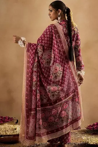 Women Floral Printed Angrakha Thread Work Pure Cotton Kurta with Trousers & With Dupatta