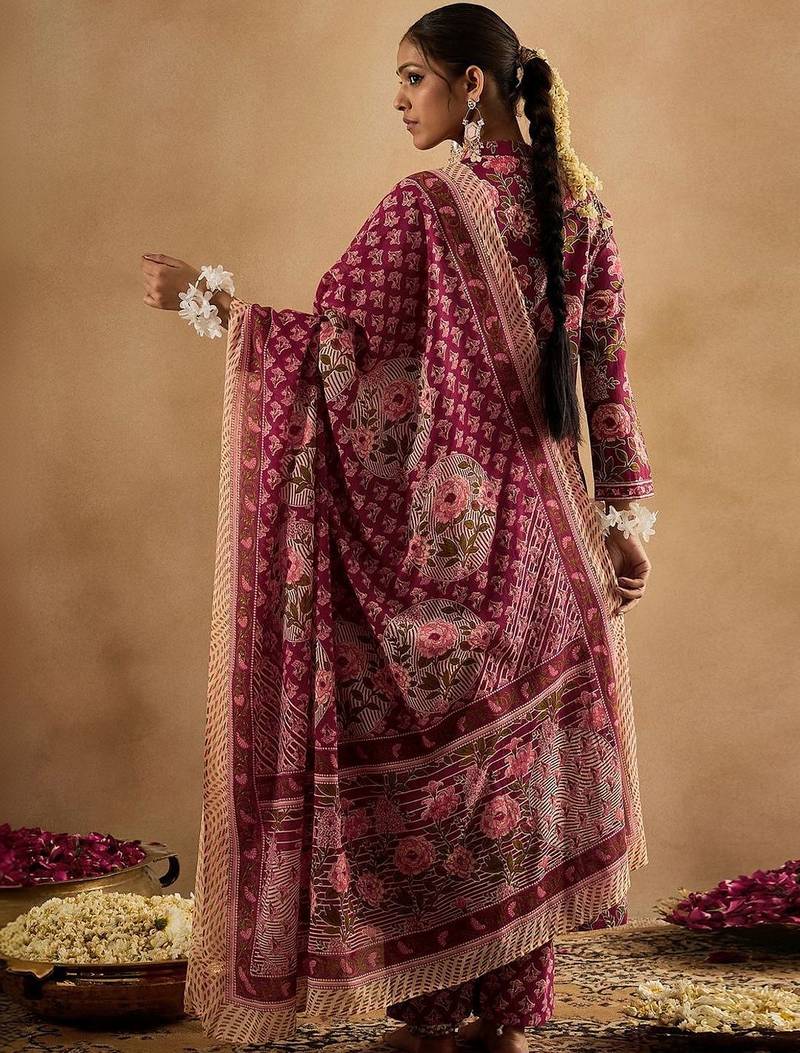 Women Floral Printed Angrakha Thread Work Pure Cotton Kurta with Trousers & With Dupatta