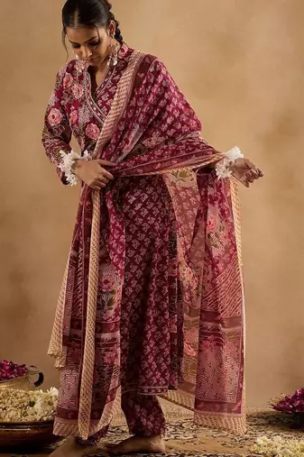 Women Floral Printed Angrakha Thread Work Pure Cotton Kurta with Trousers & With Dupatta
