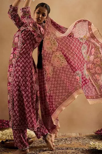 Women Floral Printed Angrakha Thread Work Pure Cotton Kurta with Trousers & With Dupatta