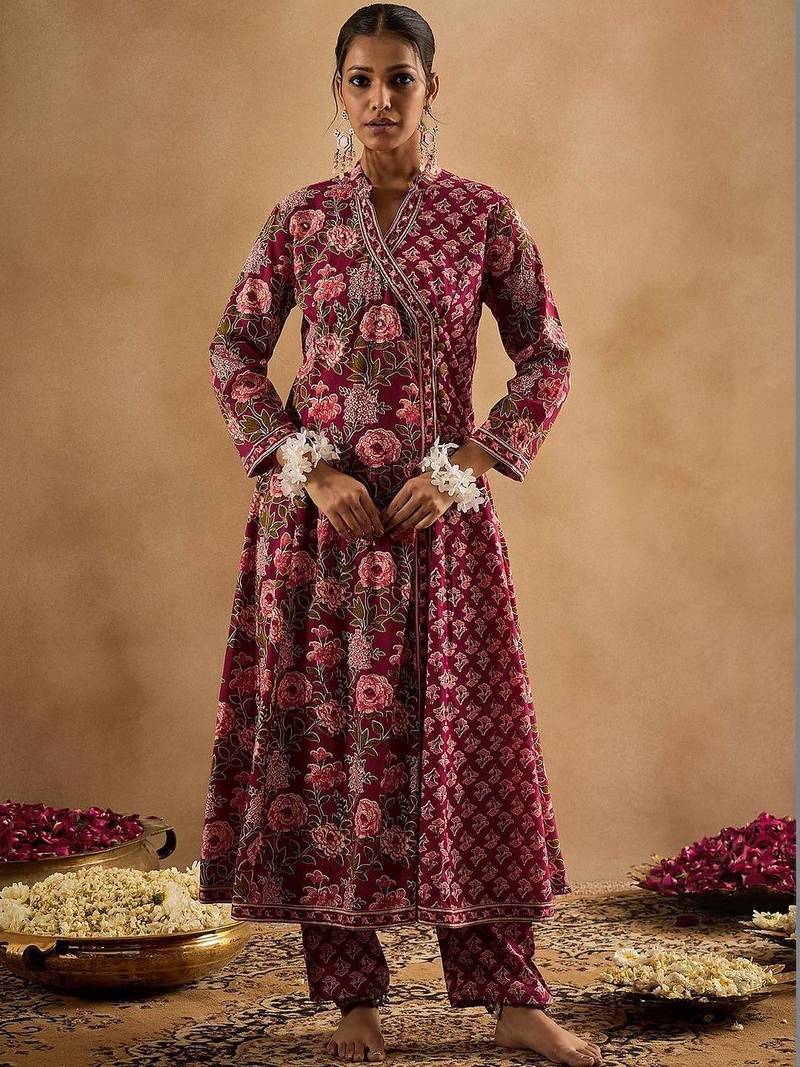 Women Floral Printed Angrakha Thread Work Pure Cotton Kurta with Trousers & With Dupatta
