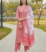 Women Floral Printed Empire Pure Cotton Kurta with Trousers & With Dupatta