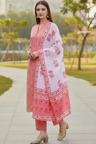 Women Floral Printed Empire Pure Cotton Kurta with Trousers & With Dupatta